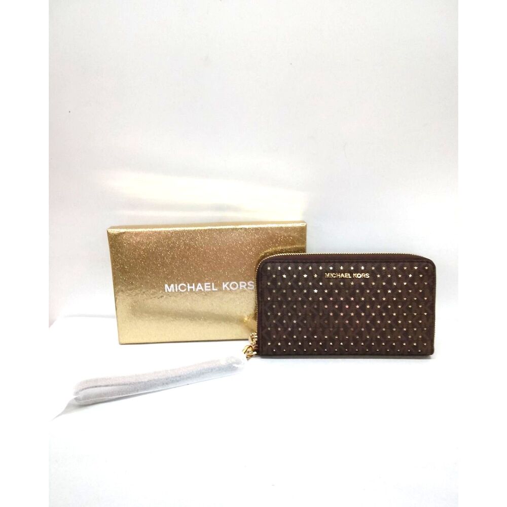 Michael Kors Jet Set Perforated Gold Circles Phone Wallet Wristlet Brown